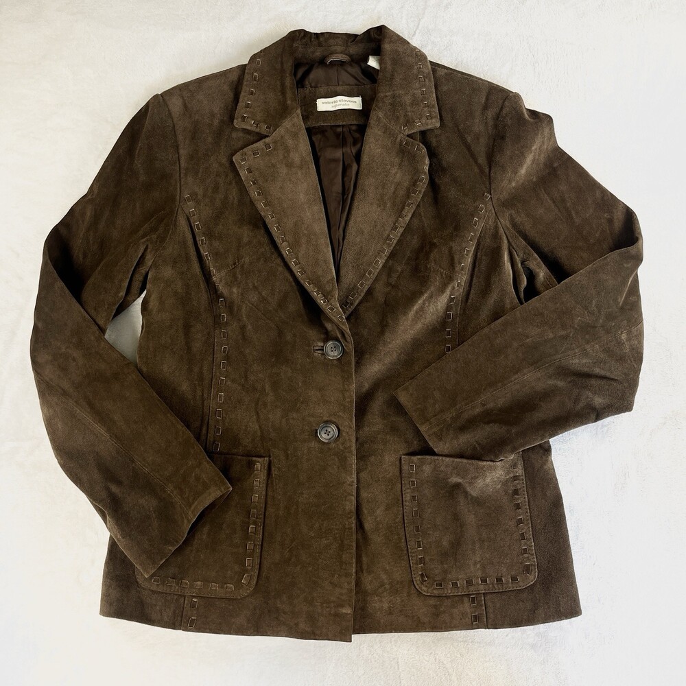 VTG Valerie Stevens Suede Leather Blazer Jacket Brown Whipstitch Western Boho M